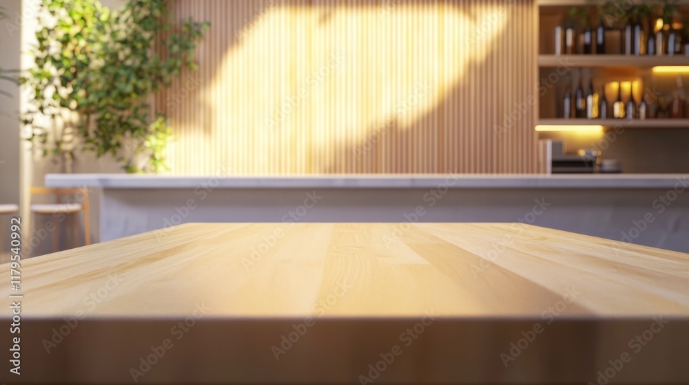 Fototapeta premium Sunlit Wooden Tabletop in a Modern Cafe