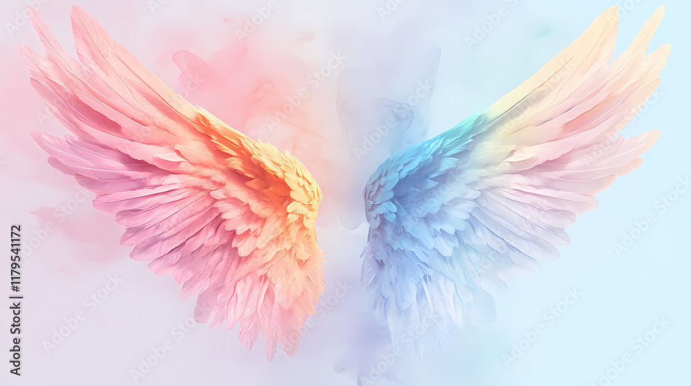 Fototapeta premium Aesthetic angel wings with a pastel color spectrum. Windborne. Illustration