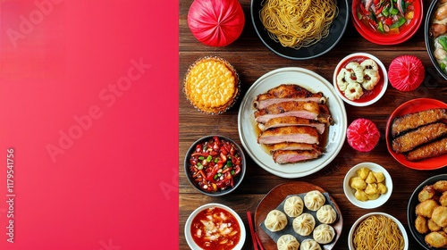 A festive and inviting Chinese New Year dinner setting, with an array of dishes like pork, fried fish, and dumplings, accompanied by nian gao cake and noodles photo