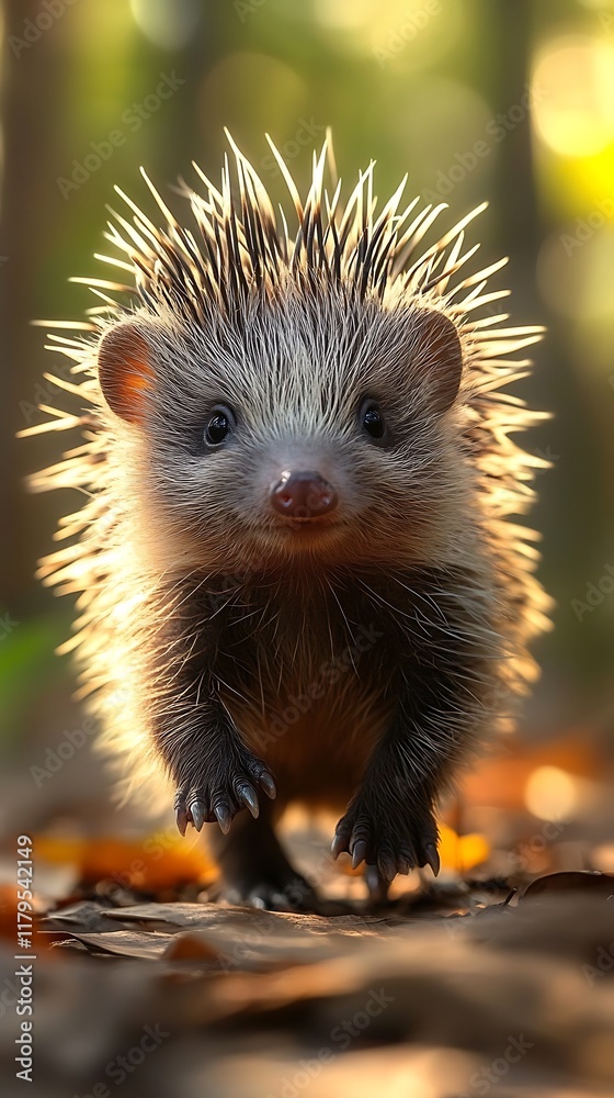 Fototapeta premium Hedgehog in autumn forest wildlife nature photo high resolution hd picture