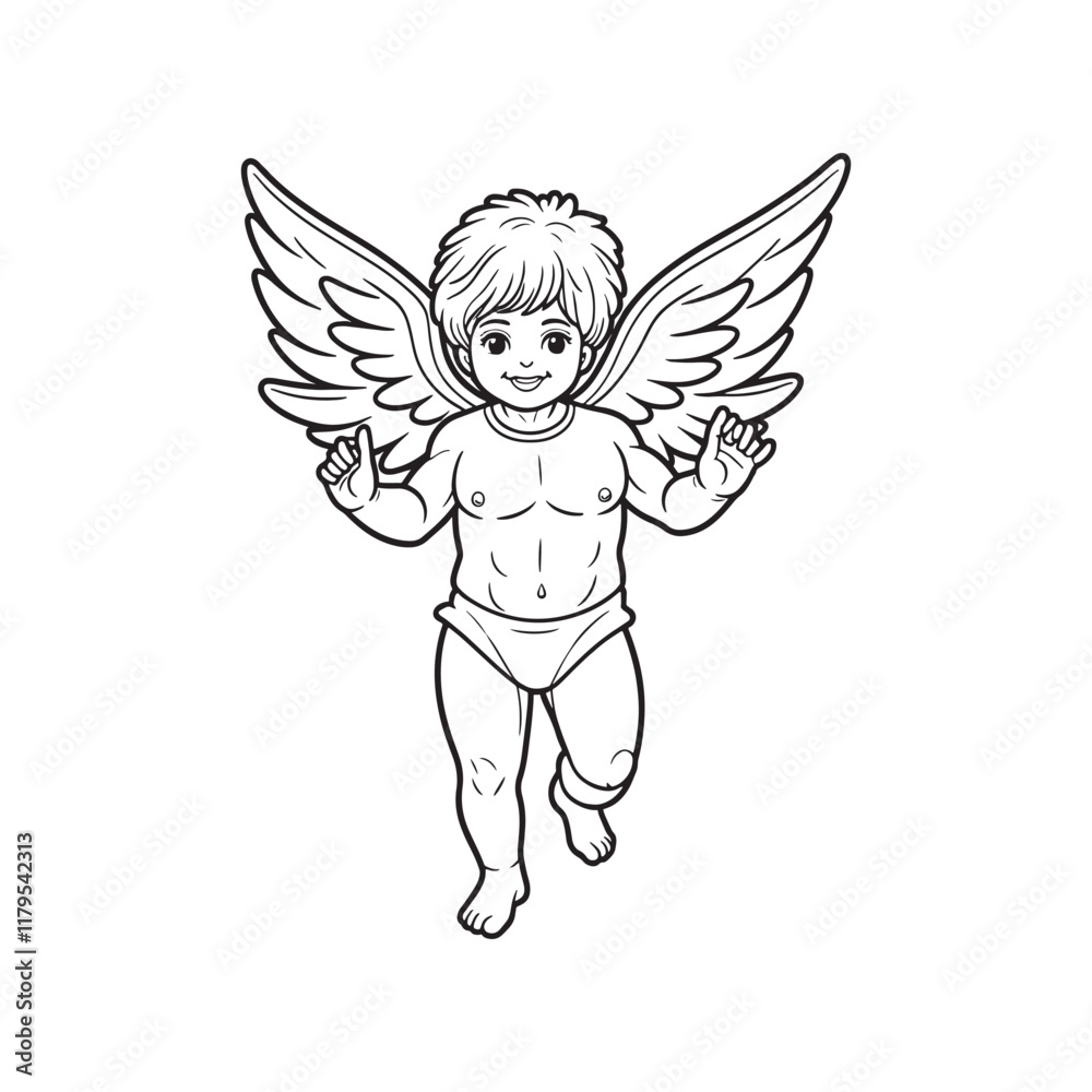 Fototapeta premium angel child character in retro style, hand-drawn line art, black vector