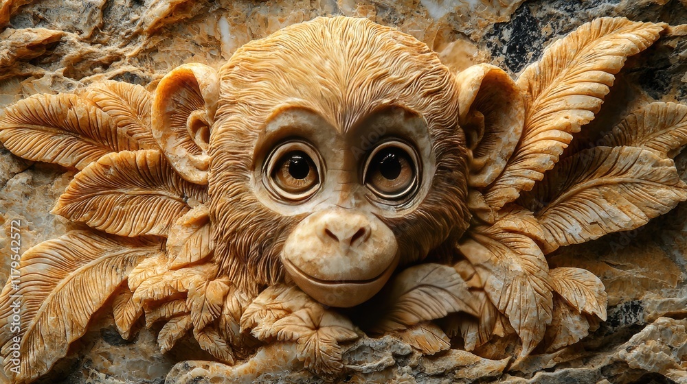 Obraz premium Adorable Baby Monkey Stone Carving: Intricate Details and Expressive Eyes. A Masterpiece of Stone Sculpture Art