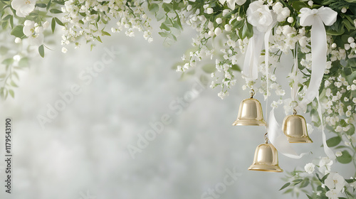 Golden wedding bells adorned with white flowers and ribbons create romantic atmosphere