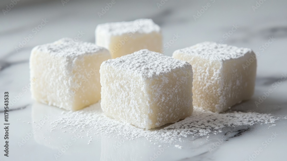 Turkish Delight squares dusted with powdered sugar on a marble countertop, leaving room for text in the empty white space. Turkish Delight squares dusted with powdered sugar on a marble countertop, leaving room for text in the empty white space.