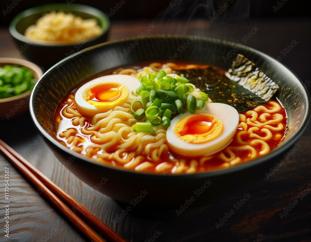 Bowl of spicy ramen noodle soup with sliced boiled egg, green onions and nori Bowl of spicy ramen noodle soup with sliced boiled egg, green onions and nori