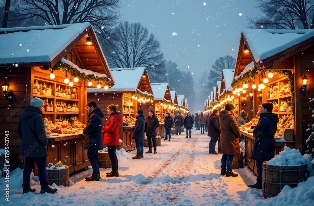 Naklejka premium cozy winter market with stalls, snowy evening setting, warm lights illuminating the scene, wide shot showcasing the festive atmosphere, people shopping and enjoying hot drinks