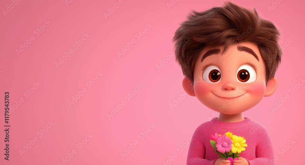 Playful Cupid Character Holding Flowers for a Romantic Valentine's Day Celebration Playful Cupid Character Holding Flowers for a Romantic Valentine's Day Celebration