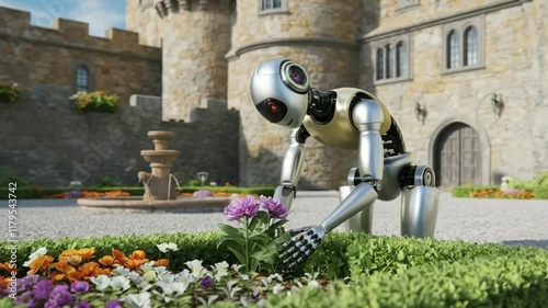 A humanoid robot carefully planting flowers in the lush garden of a medieval castle courtyard, with ancient stone walls, colorful flowerbeds, and a small fountain adding to the blend of old-world char