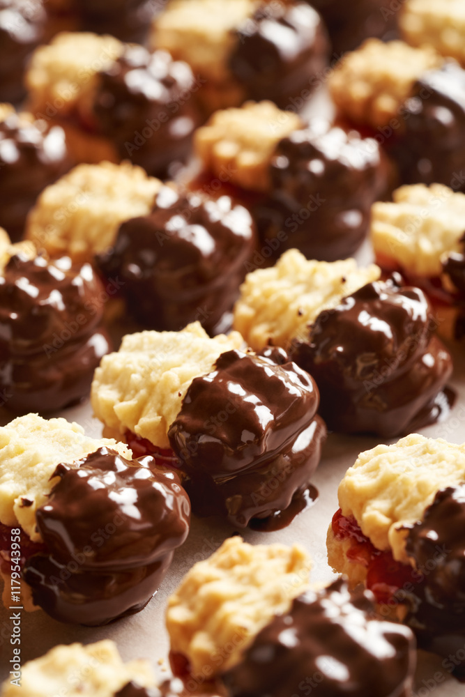 Closeup of handmade Christmas cookies dipped in chocolate Closeup of handmade Christmas cookies dipped in chocolate