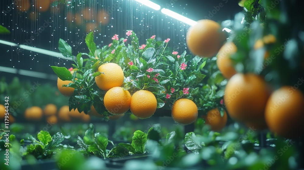 Orange trees in futuristic hydroponic farm with mist and digital technology. Generative AI Orange trees in futuristic hydroponic farm with mist and digital technology. Generative AI