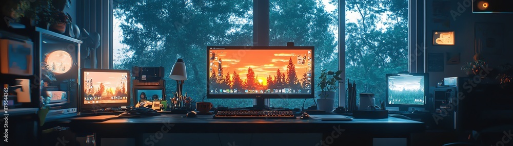 Lofi animeinspired workspace, desk lit by soft hiphop lights, manga elements, forest scenery outside, relaxed vibes Lofi animeinspired workspace, desk lit by soft hiphop lights, manga elements, forest scenery outside, relaxed vibes