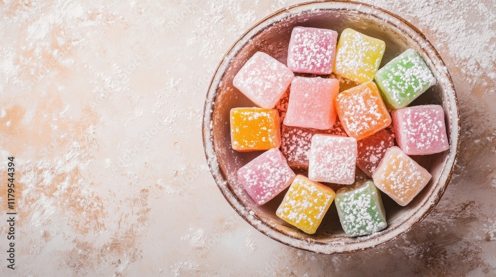 Variety of vibrant Turkish Delight sweets in pastel shades, served in a rustic bowl with powdered sugar, against a soft beige background with copy space. Variety of vibrant Turkish Delight sweets in pastel shades, served in a rustic bowl with powdered sugar, against a soft beige background with copy space.