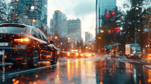 Vibrant Cityscape at Night with Car Driving Through Illuminated Streets Surrounded by Skyscrapers and Urban Energy photo