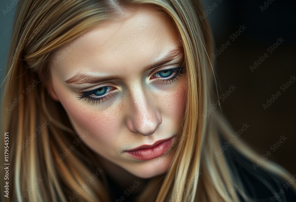 Fototapeta premium Blond woman with solemn expression and downward gaze