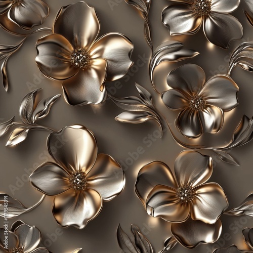 Chrome oenothera and golden petals on dark sepia background, metallic evening flowers, luxury interior design photo