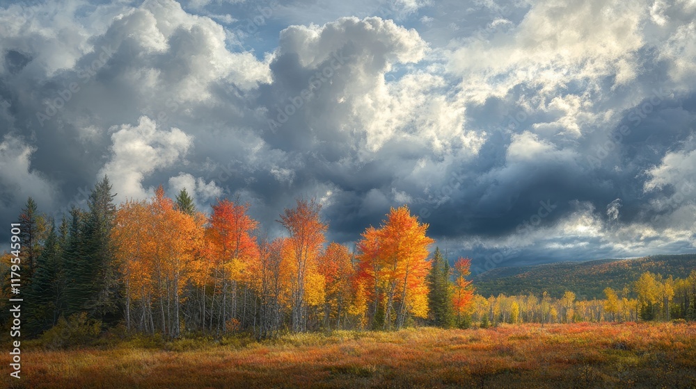 Fototapeta premium Vibrant Autumn Landscape with Colorful Trees Under Dramatic Cloudy Sky in Nature Scene