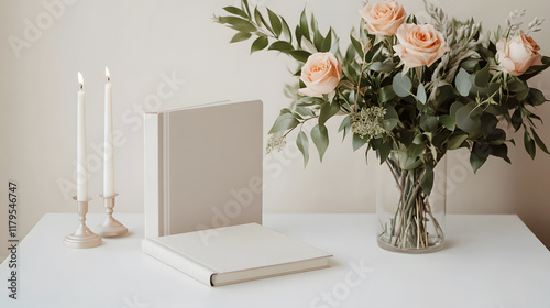 minimalist wedding guestbook setup with elegant flowers and candles