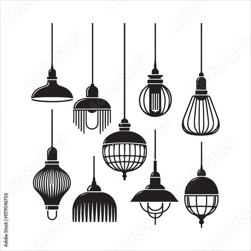 Pendant lamps silhouette vector. Modern pendant lights icons vector illustration