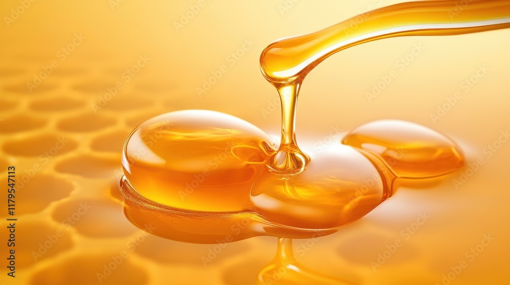 Golden Honey Dripping from a Spoon Over a Reflective Surface with Honeycomb Pattern in Soft Focus Providing a Natural and Sweet Close-Up View Enhancing Visual Appeal Golden Honey Dripping from a Spoon Over a Reflective Surface with Honeycomb Pattern in Soft Focus Providing a Natural and Sweet Close-Up View Enhancing Visual Appeal