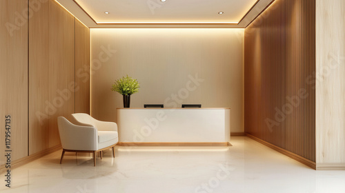 Laundry shop concept. Minimalist reception area with warm lighting and wooden accents. cozy chair adds comfort