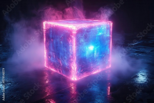 futuristic 3d holographic cube emitting ethereal blue neon light creating sci-fi atmosphere with laser effects on clean minimalist background