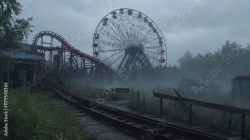 Abandoned amusement park shrouded in fog, with a dilapidated Ferris wheel and rollercoaster tracks. photo