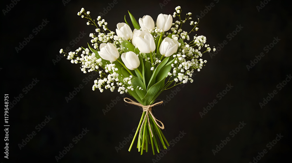 Obraz premium minimalist bouquet of white tulips and delicate baby breath, beautifully tied
