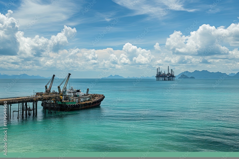 Tranquil Seascape with Offshore Oil Rig and Cargo Vessel Tranquil Seascape with Offshore Oil Rig and Cargo Vessel