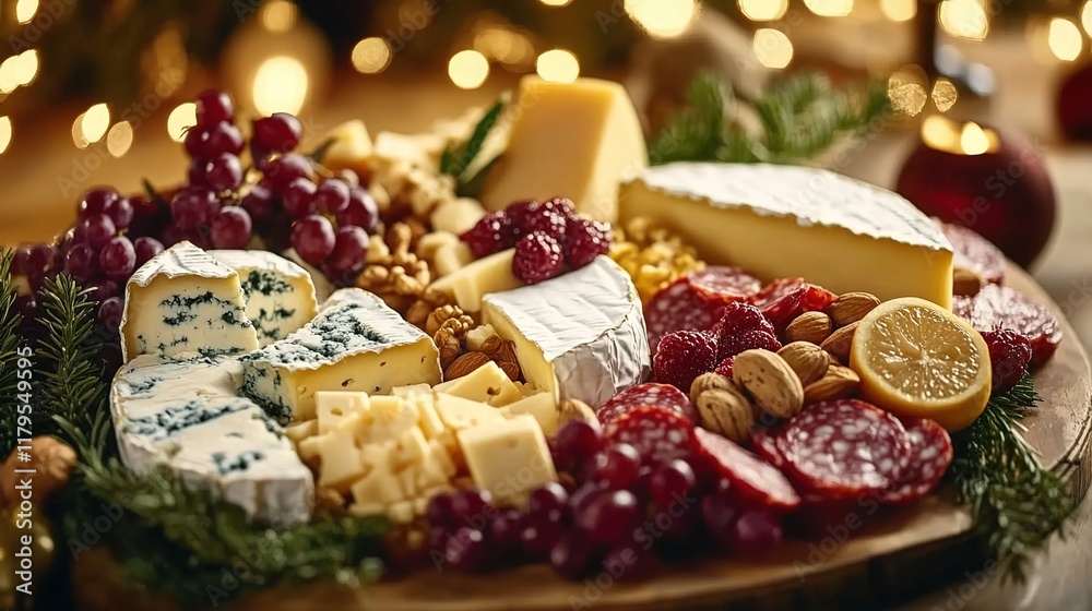 A platter of various smoky and high-quality cheeses, arranged with nuts, grapes, berries, bread slices, and herbs, set against an outdoor backdrop with soft lighting, creating a luxurious atmosphere f A platter of various smoky and high-quality cheeses, arranged with nuts, grapes, berries, bread slices, and herbs, set against an outdoor backdrop with soft lighting, creating a luxurious atmosphere f