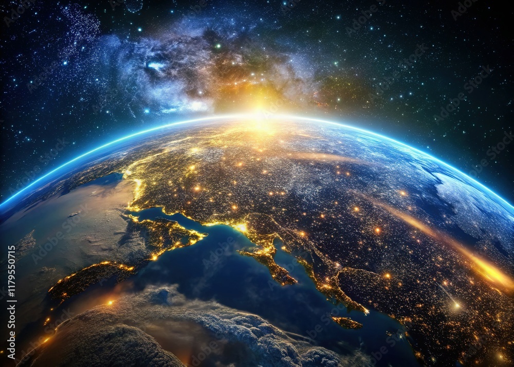 Fototapeta premium Earth's Night Lights: A Celestial Tapestry of Cityscapes and Cosmos