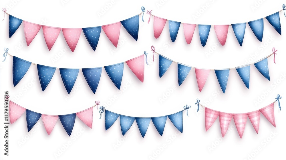 Obraz premium Decorative Blue and Pink Bunting Flags. Generative AI