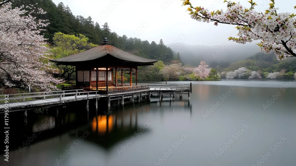 Fototapeta premium Serene Spring Landscape with Calm Lake and Blossoming Trees in Idyllic Setting