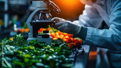 Focused Scientist Observing Microorganisms Through Advanced Microscope in a Bright Laboratory Setting with Scientific Equipment photo