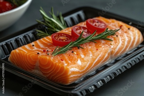 fresh wildcaught atlantic salmon fillet presented in premium black styrofoam package with transparent background perfect for culinary marketing photo