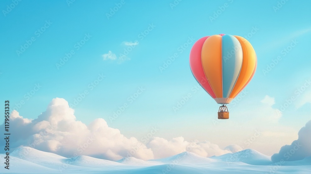 Fototapeta premium Colorful Hot Air Balloon Floating Above Snowy Landscape Under Bright Blue Sky with Soft White Clouds