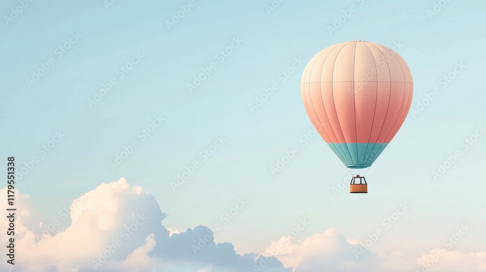 Fototapeta premium Serene Hot Air Balloon Floating Gently Above Soft Clouds in a Clear Blue Sky at Sunrise or Sunset