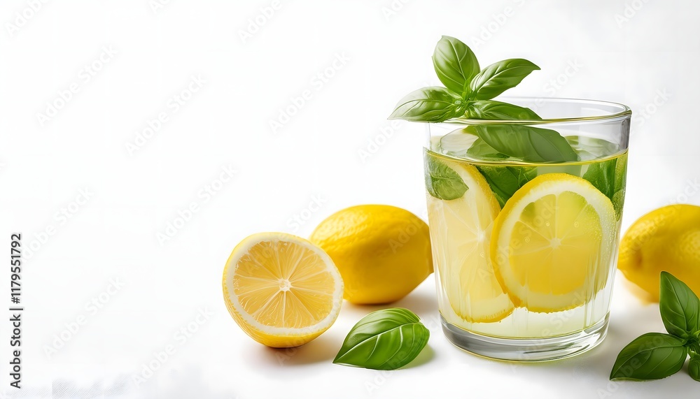 Fototapeta premium Refreshing Lemon Basil Drink Healthy Summer Beverage Citrus Water Glass