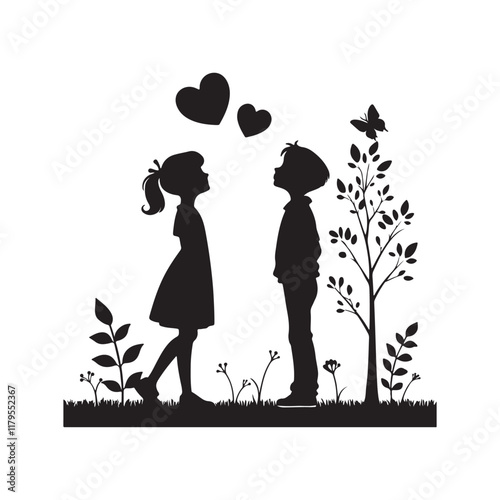 cute young couple lover boyfriend and girlfriend male and female character heart love icon silhouette vector art flat design