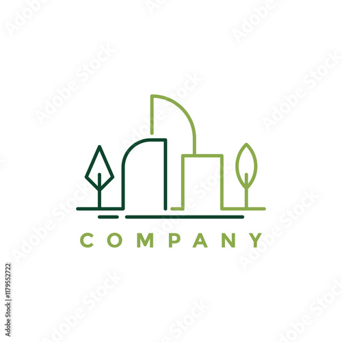 Green line art of buildings and trees logo illustration.