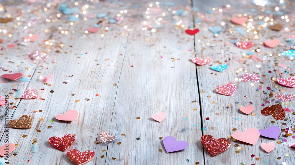 Obraz premium Colorful heart confetti scattered on wooden surface, creating festive atmosphere