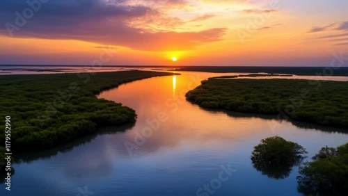 Delta Sunset: Aerial View of a Calm River Delta at Sunset