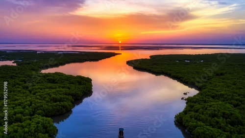 Delta Sunset: Aerial View of a Calm River Delta at Sunset