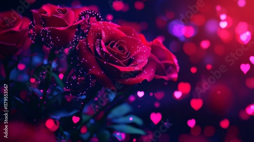 A bouquet of roses with mechanical stems and petals, each adorned with tiny gears, surrounded by soft pink holographic hearts, Sci-fi, Digital painting photo