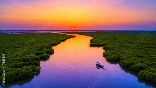 Delta Sunset: Aerial View of a Calm River Delta at Sunset