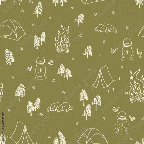 Seamless vector pattern with camping and outdoor doodle elements. Camping seamless pattern design.