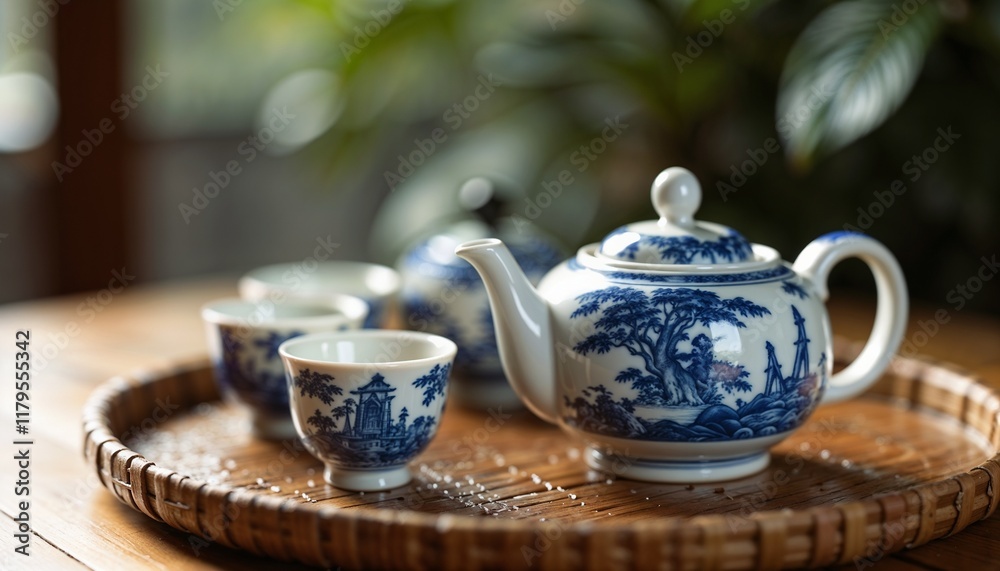 Elegant Asian Porcelain Tea Set in Blue and White with Traditional Designs Against Natural Light Elegant Asian Porcelain Tea Set in Blue and White with Traditional Designs Against Natural Light