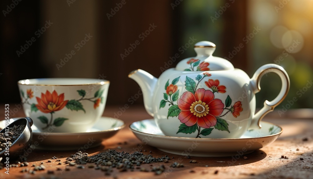 Romantic Floral Porcelain Tea Set with Gold Trim in Natural Setting Romantic Floral Porcelain Tea Set with Gold Trim in Natural Setting