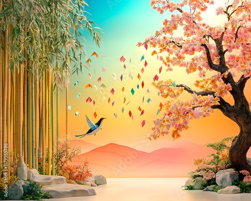 Global Festival Aesthetics, Colorful Japanese Tanabata Festival Display Featuring Bamboo, Cherry Blossoms, and Flying Kites Against a Serene Sunset Background