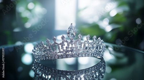 A regal diamond-studded tiara showcased on a reflective surface, symbolizing luxury, elegance, and royal charm.
