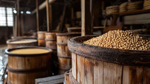Fototapeta Naklejka Na Ścianę i Meble -  Soybean Fermentation in Wooden Barrels Traditional Japanese Food Production